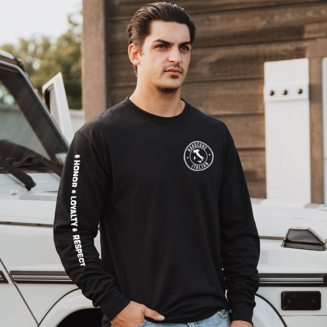 Man wearing black long sleeved Italian shirt