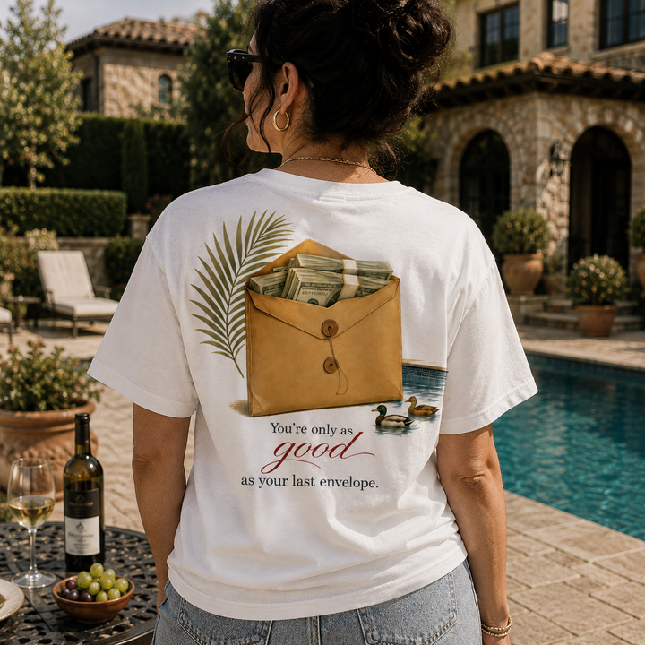 A woman stands by a swimming pool wearing a white graphic T-shirt. The back of the shirt features an illustration of a yellow-brown envelope filled with cash, a palm leaf, ducks, and the text 'You're only as good as your last envelope.